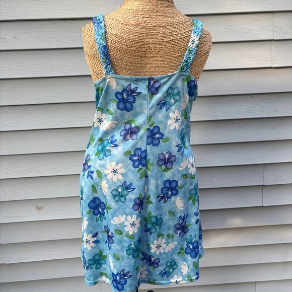 Vintage Y2K Up Front Smocked Mini Dress –‎ Blue Floral Hibiscus Print, Size L - Picture 4 of 11